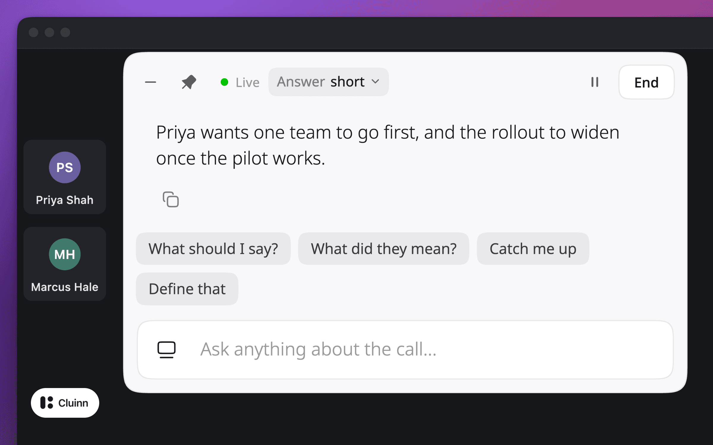 Cluinn’s Calls panel during a video call, with an answer on screen and quick questions under it.