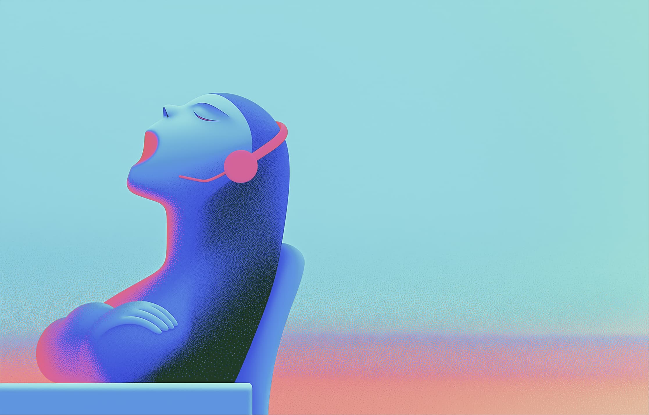 An illustration of someone at a desk, headphones on, leaning back with their eyes closed.
