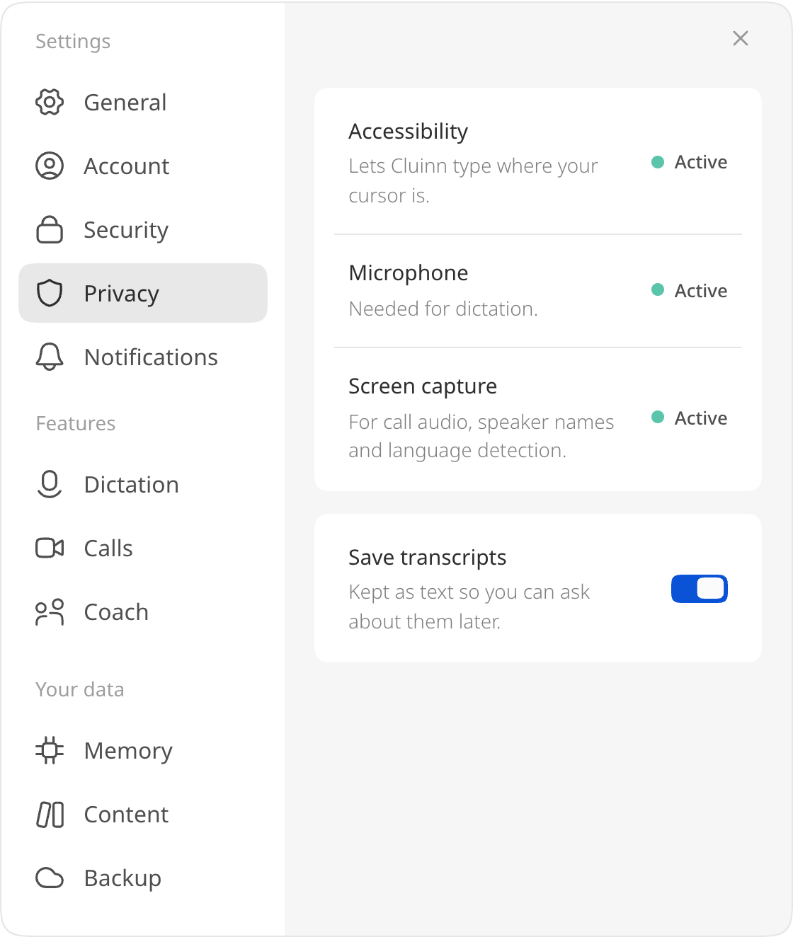 Cluinn’s Privacy settings: each macOS permission, what it’s for and its status