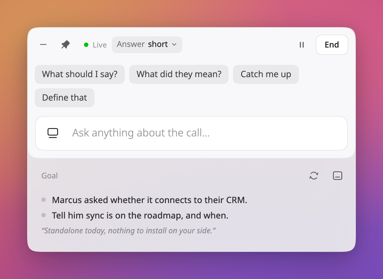 The Calls panel during a call, with a Coach card under it: Marcus asked whether it connects to their CRM