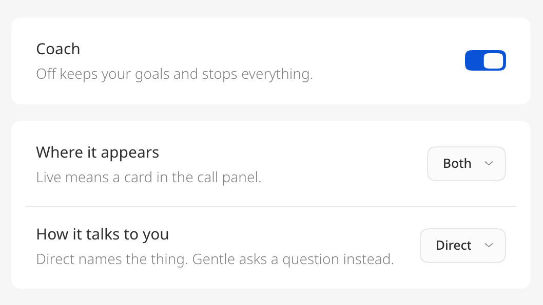 The Coach settings: the on switch, where it appears set to Both and how it talks to you set to Direct