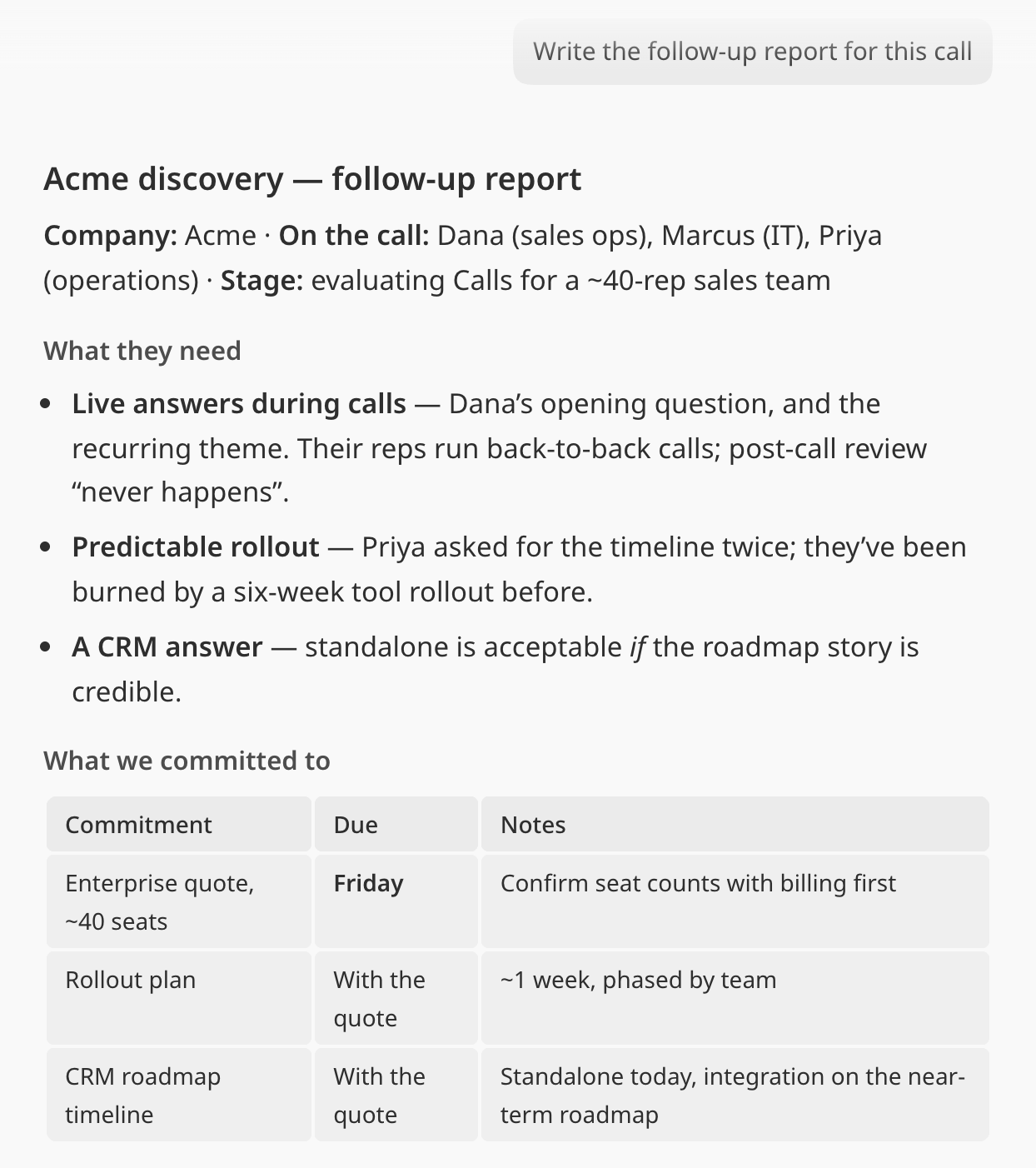 A saved call’s chat: a follow-up report with what the client needs and a table of commitments