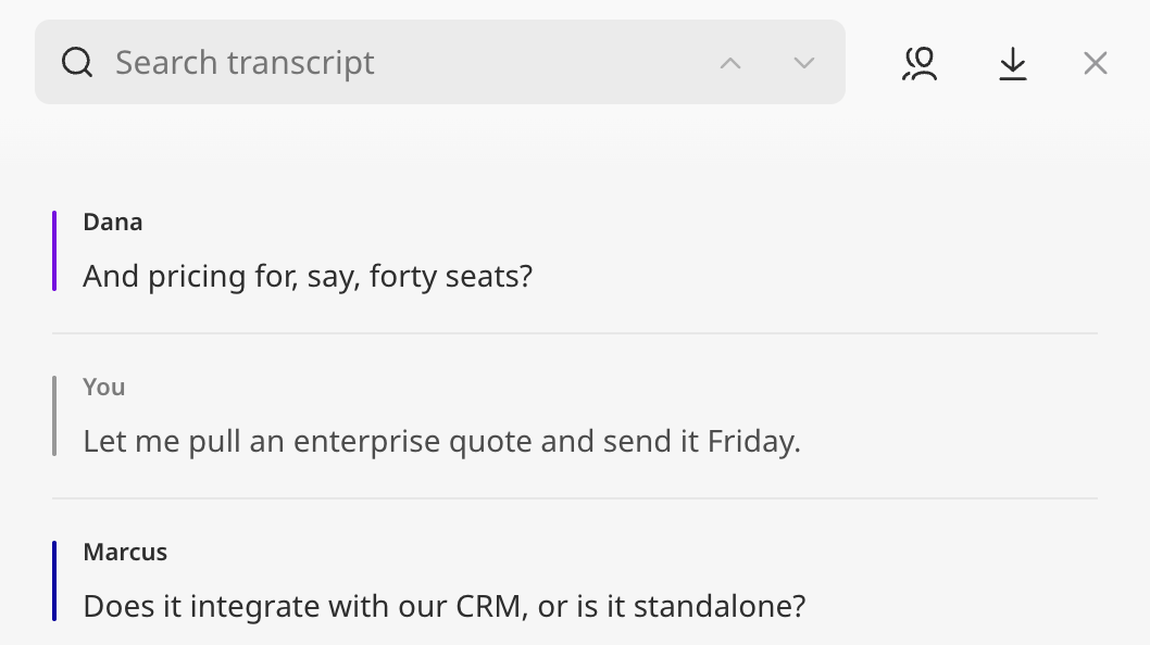 A call’s transcript, with its download button beside the search box