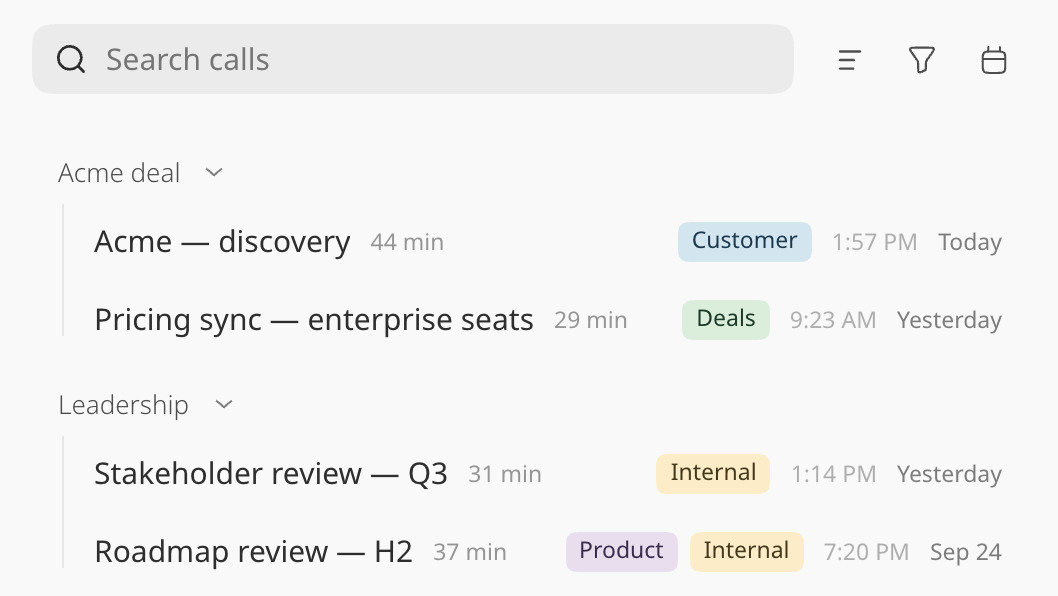 The Search calls page: calls in folders, each with its tags