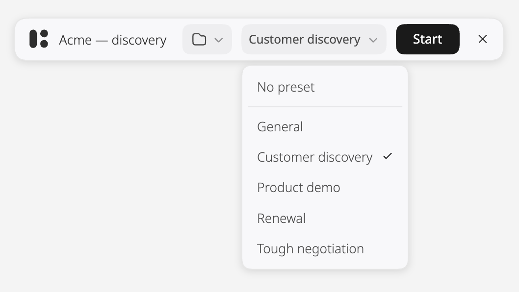 The Calls bar with a call’s title typed and its preset menu open