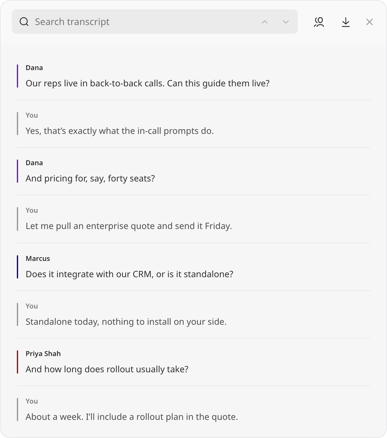 A call’s transcript with each turn labelled by speaker: Dana, Marcus, Priya Shah and you