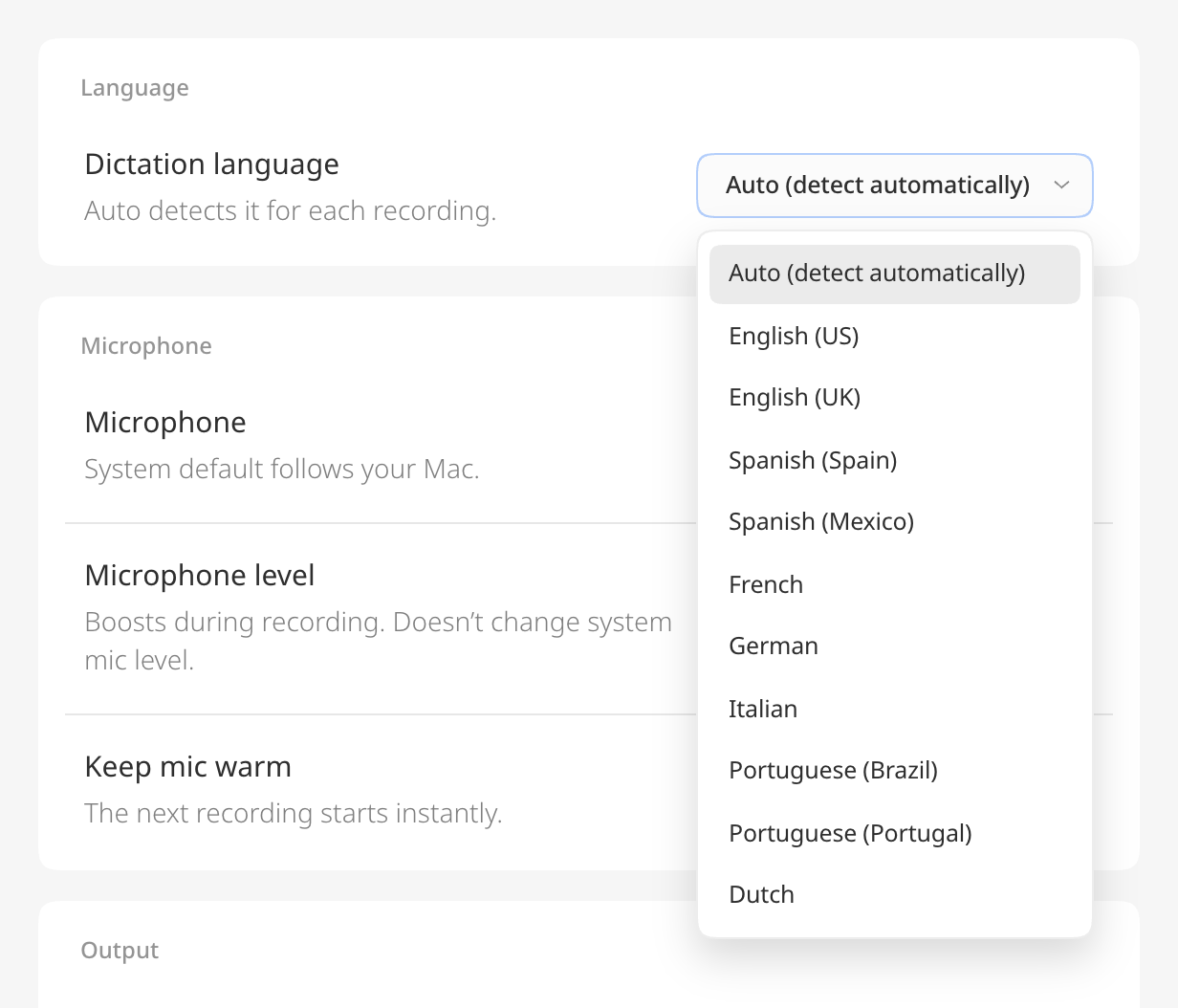 The Dictation language menu, set to detect the language automatically