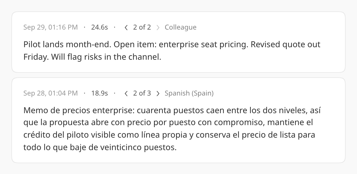 Two finished dictations, one rewritten for a colleague and one translated into Spanish