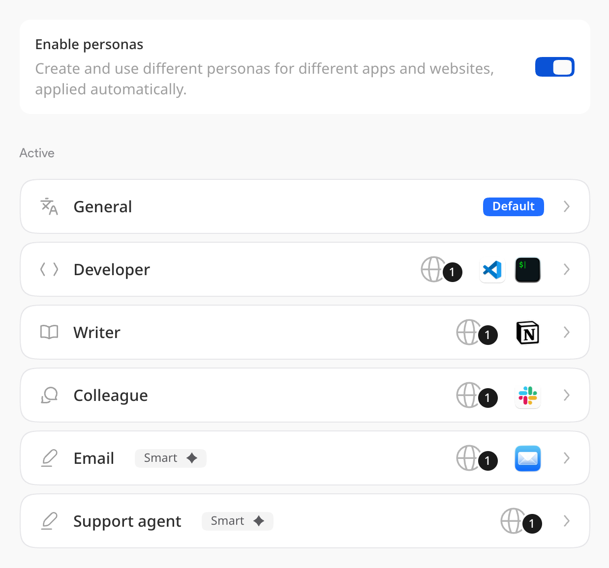 The Personas page: General is the default, and five personas are each set for their own apps and sites
