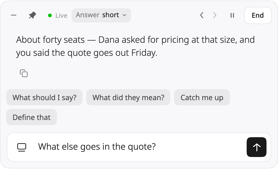 The Calls panel with an answer on screen and a follow-up question typed in its ask box