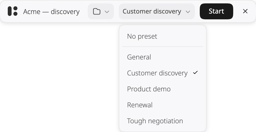 The Calls bar with a call’s title typed and its preset menu open