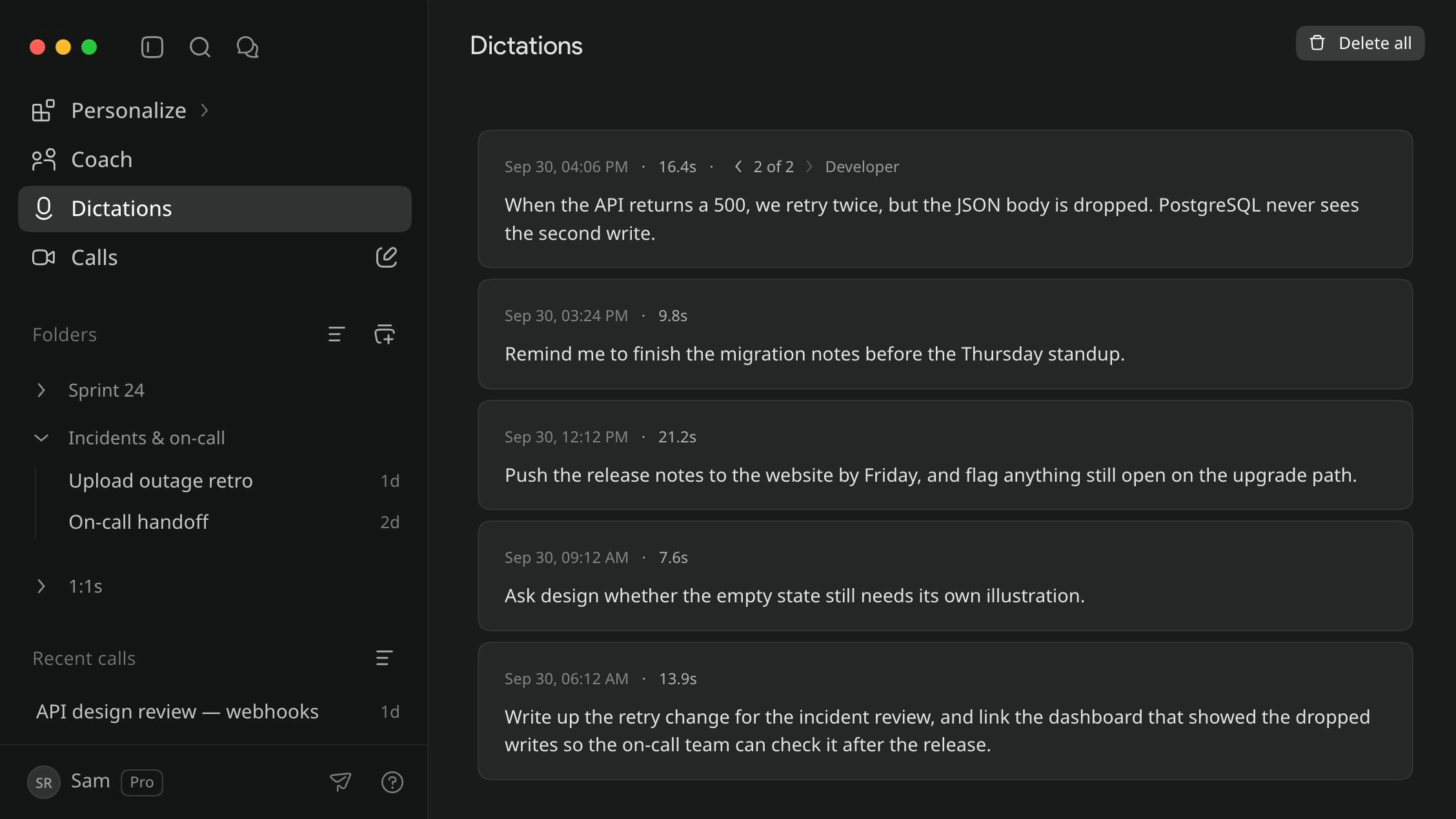 A dictation about an API bug, stepped from its Original to the Developer persona’s version and back