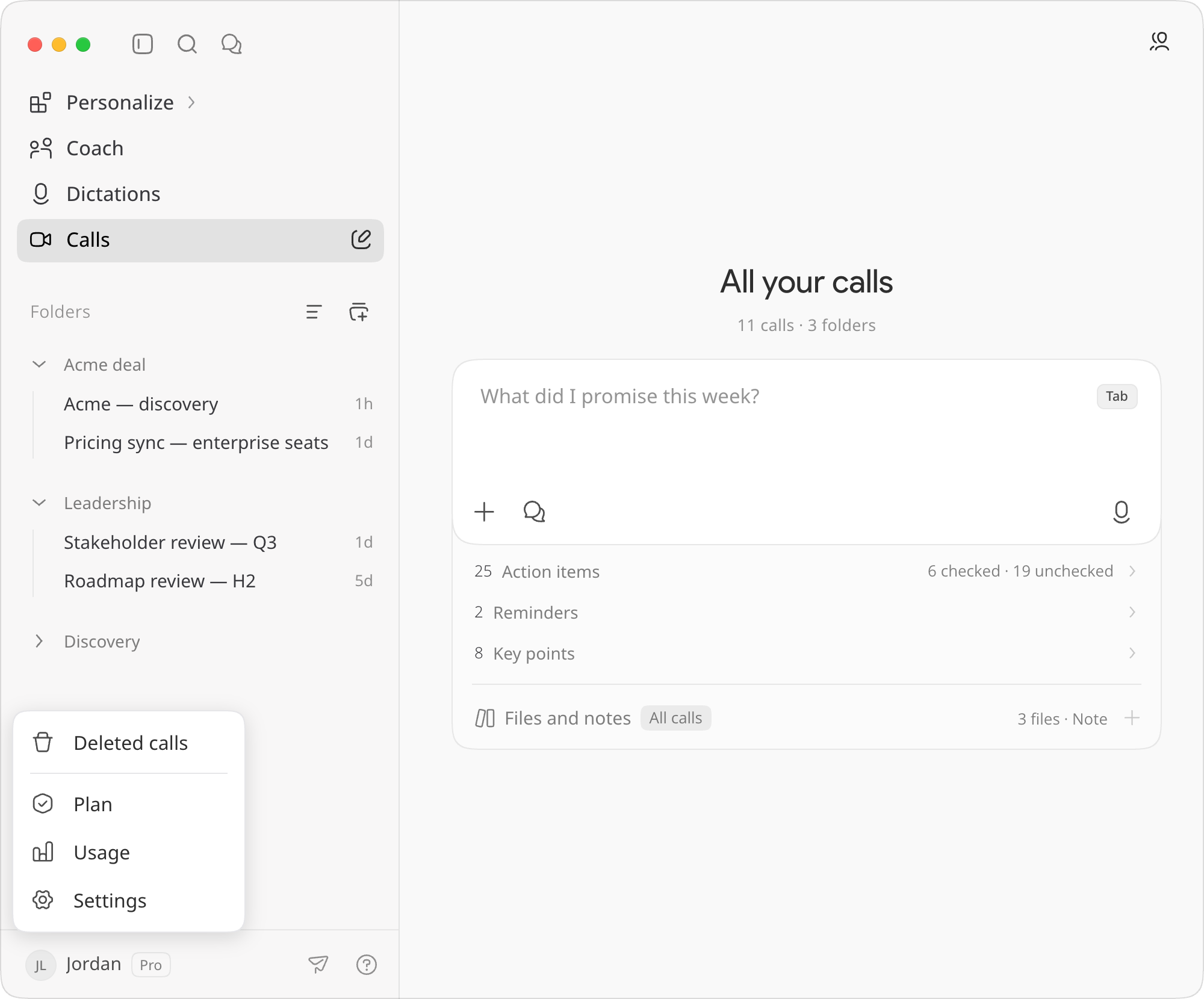 The account menu, opened from the account chip at the bottom of the sidebar