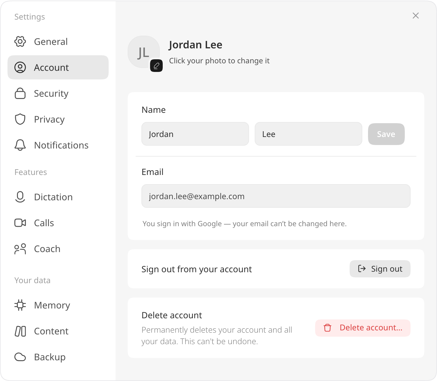 Settings, the Account tab