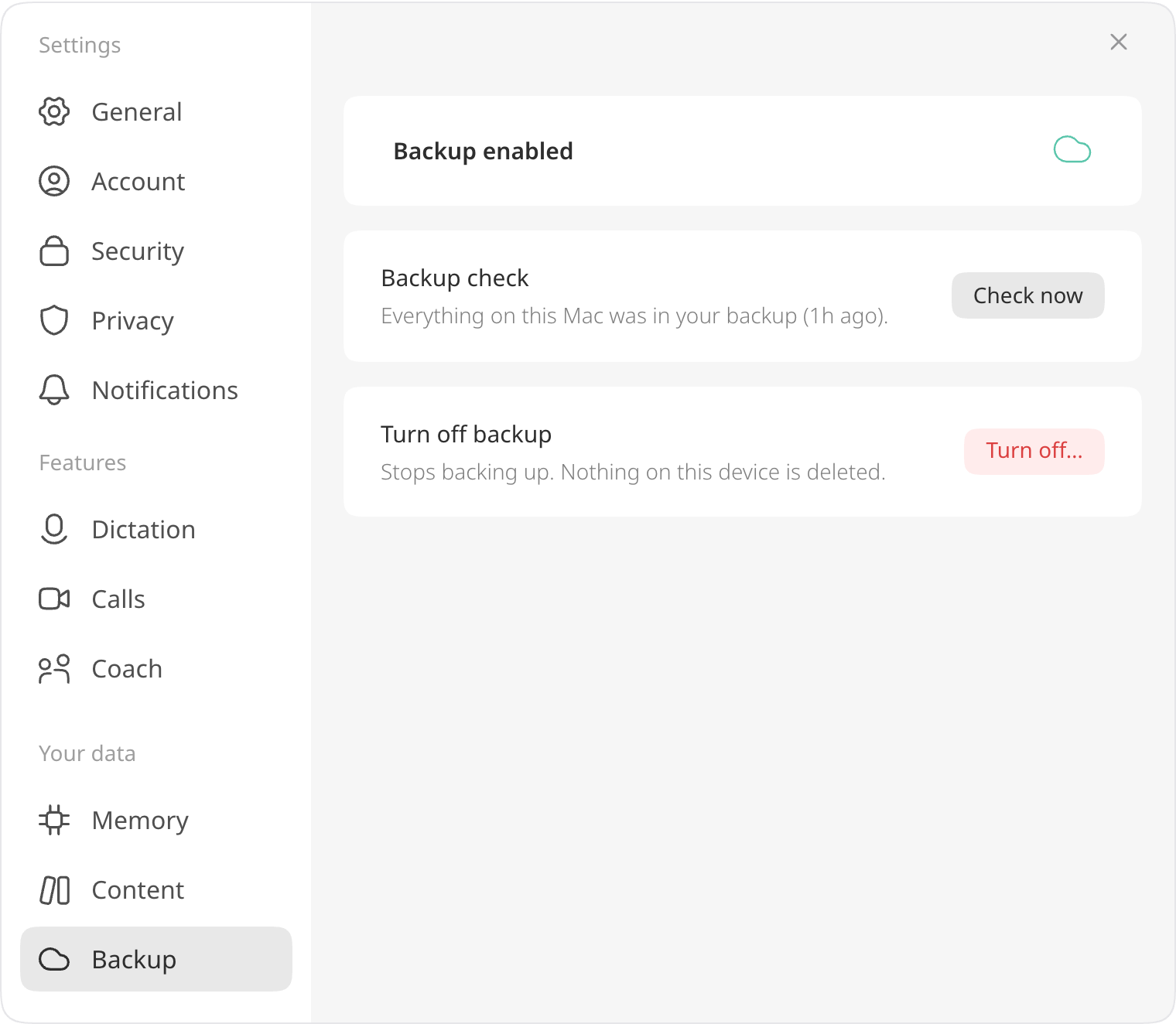 Settings → Backup, switched on: the status line, the backup check and the off switch