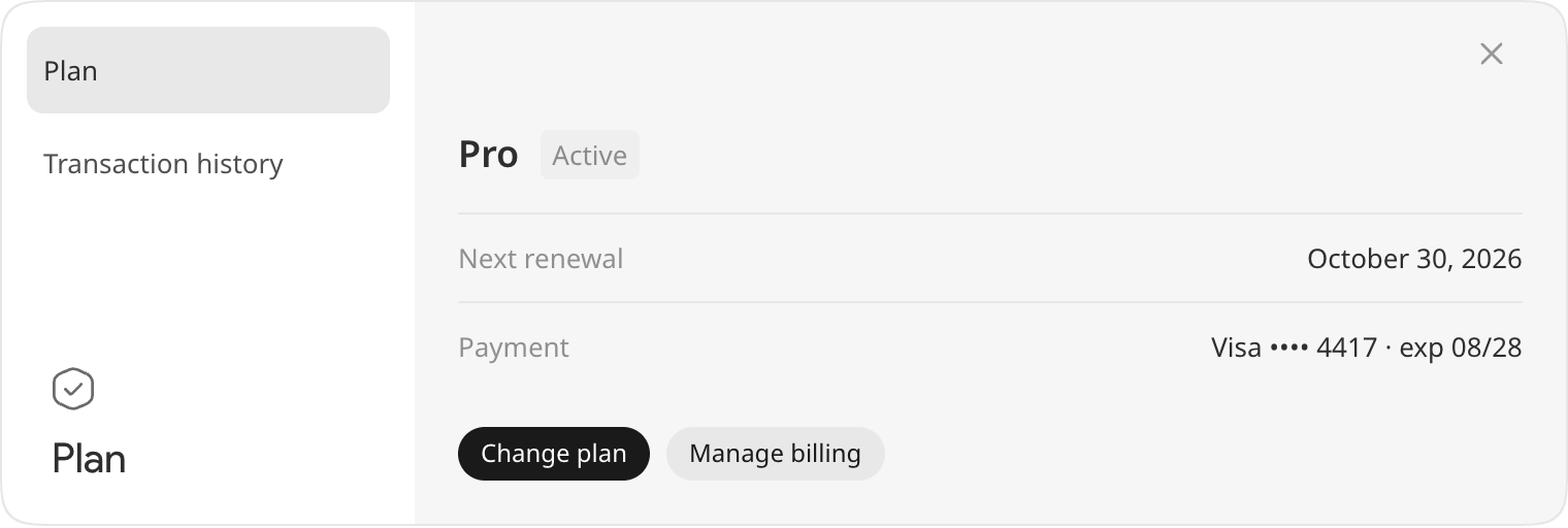 The Plan sheet for an active subscription