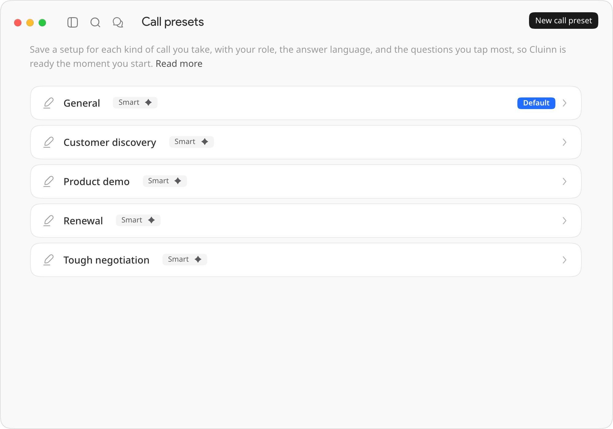 The Call presets page
