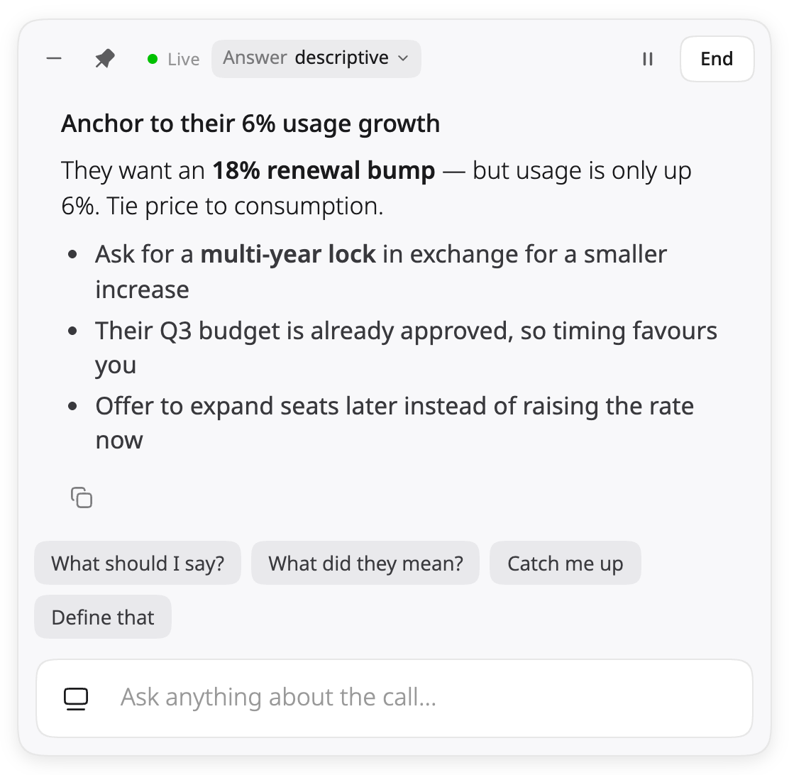 A finished answer in the Calls panel, with its copy button