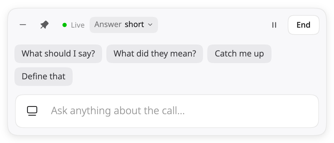 The Calls panel with quick pills and the ask box