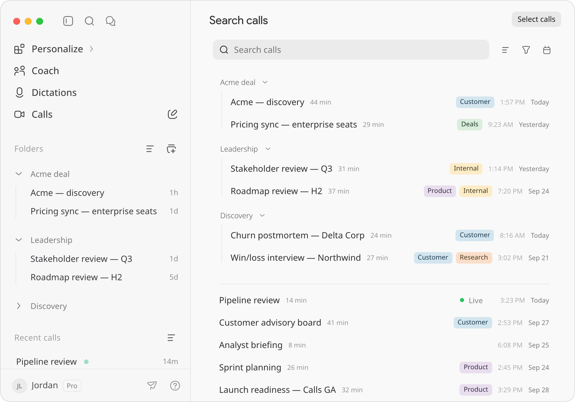 The Search calls page, with results grouped by folder
