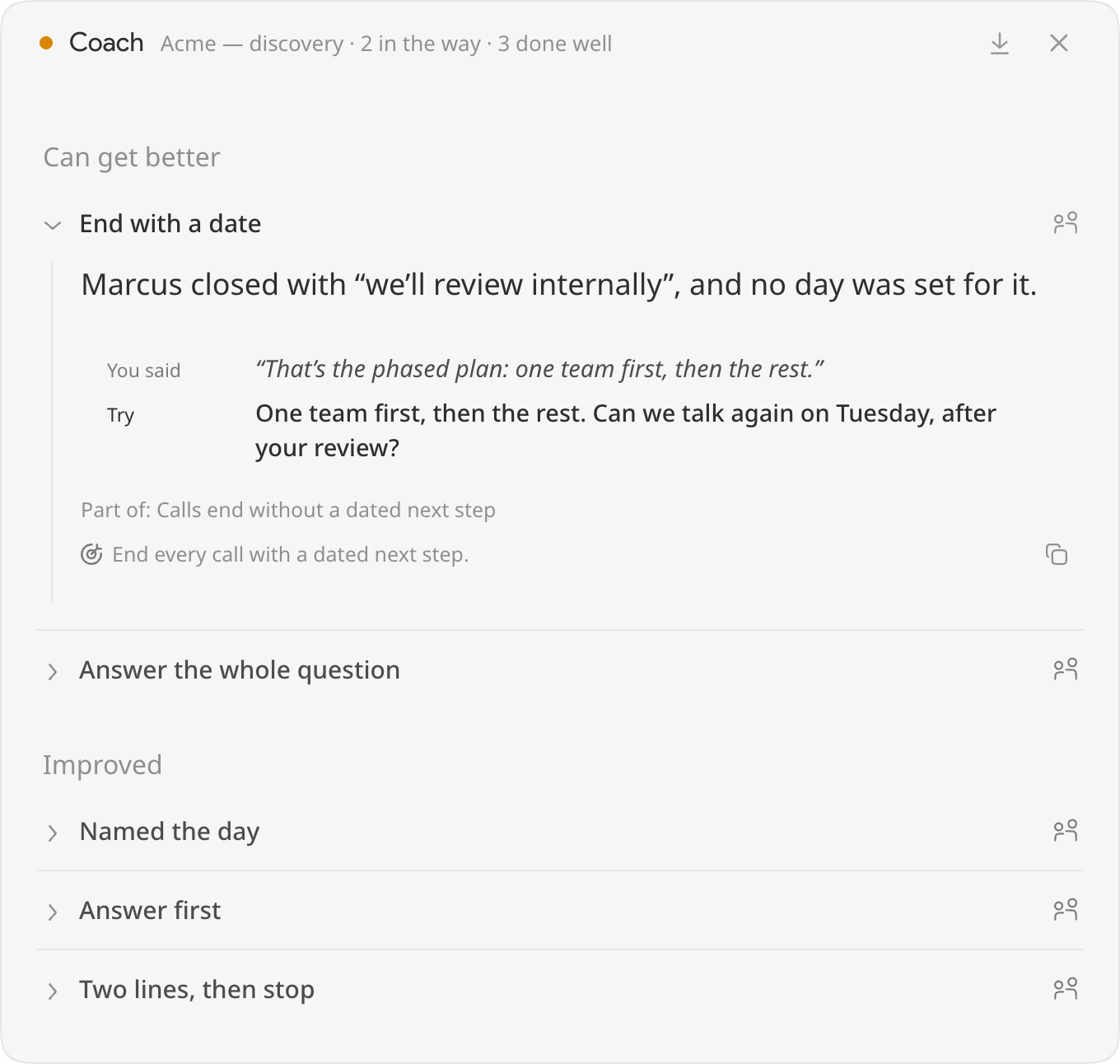 A saved call’s Coach list: two moments that can get better, the first one open, and three that improved