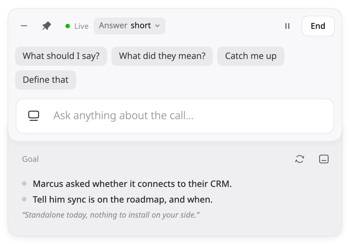 The Calls panel during a call with a Coach card under it, labelled Goal