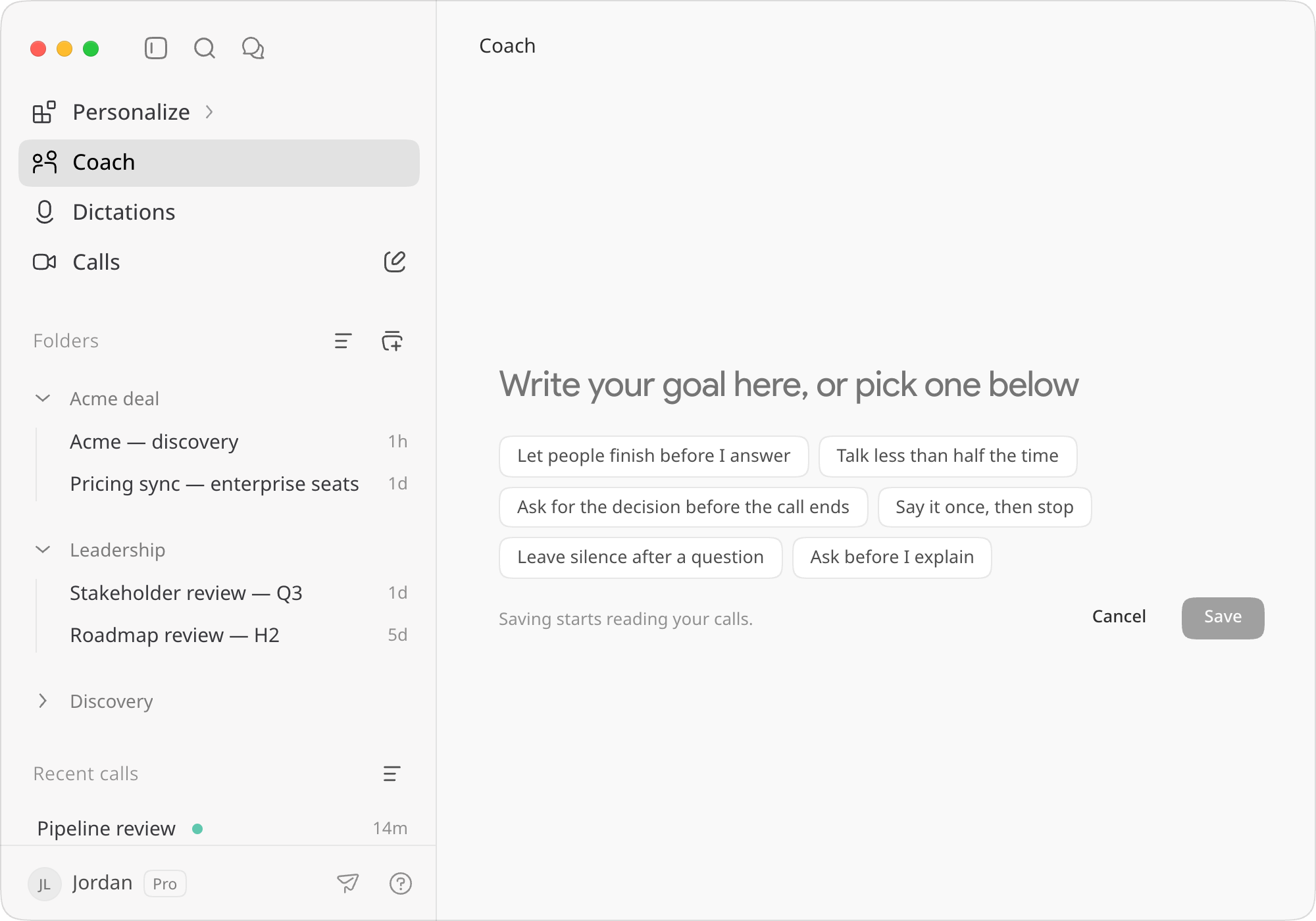 The new goal page: a box to write a goal in, six suggested goals and Save