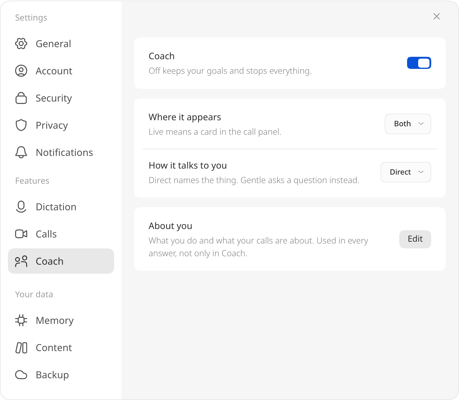 Settings → Coach: the Coach switch, where it appears, how it talks to you and About you