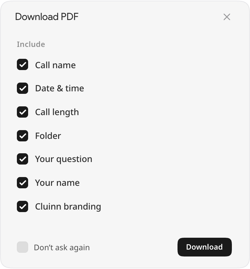 The Download PDF options sheet