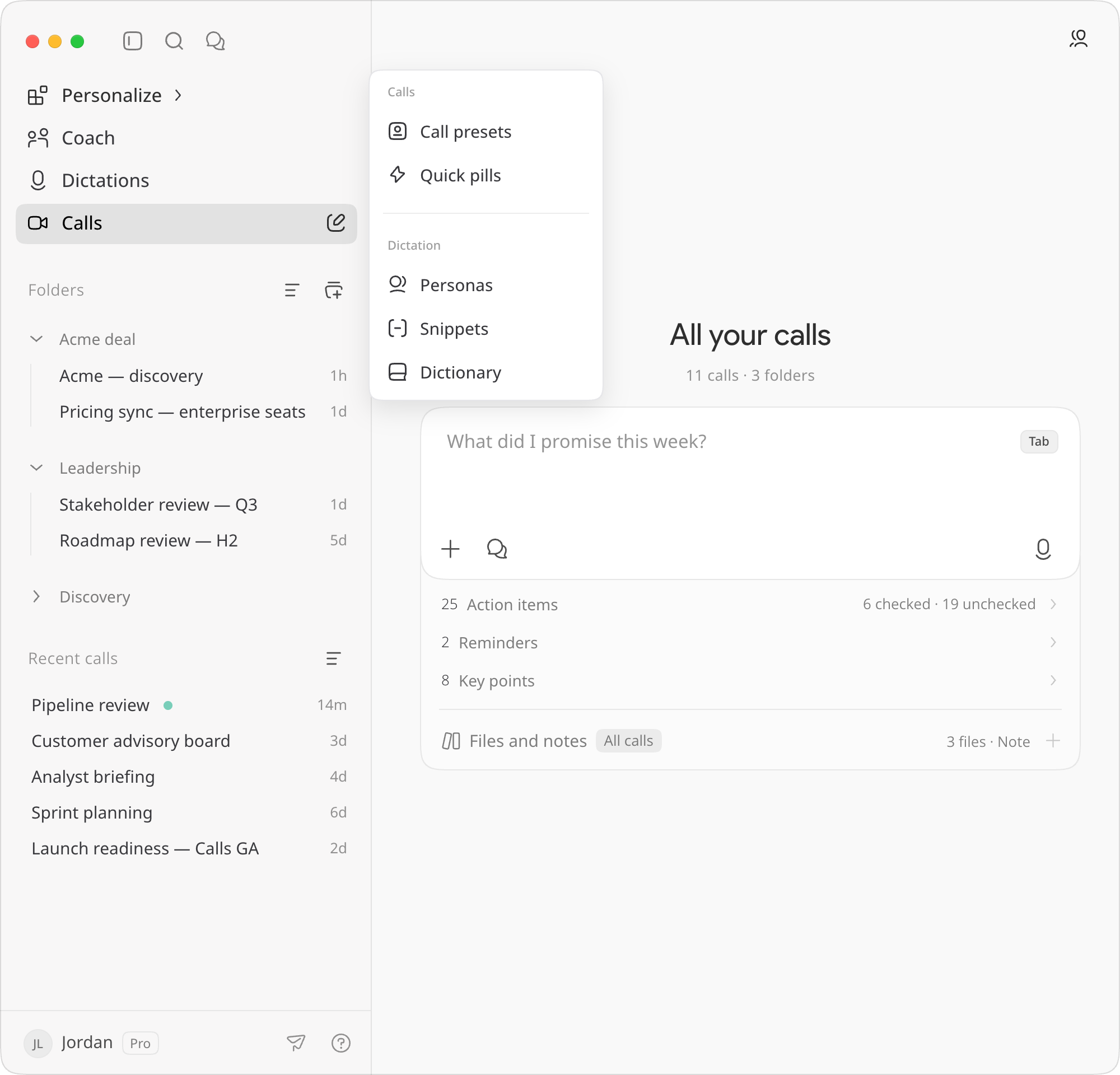 The Personalize panel, with Call presets and Quick pills under Calls
