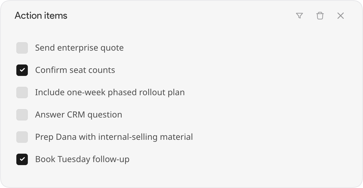 The Action items list with View all selected: two checked, four unchecked
