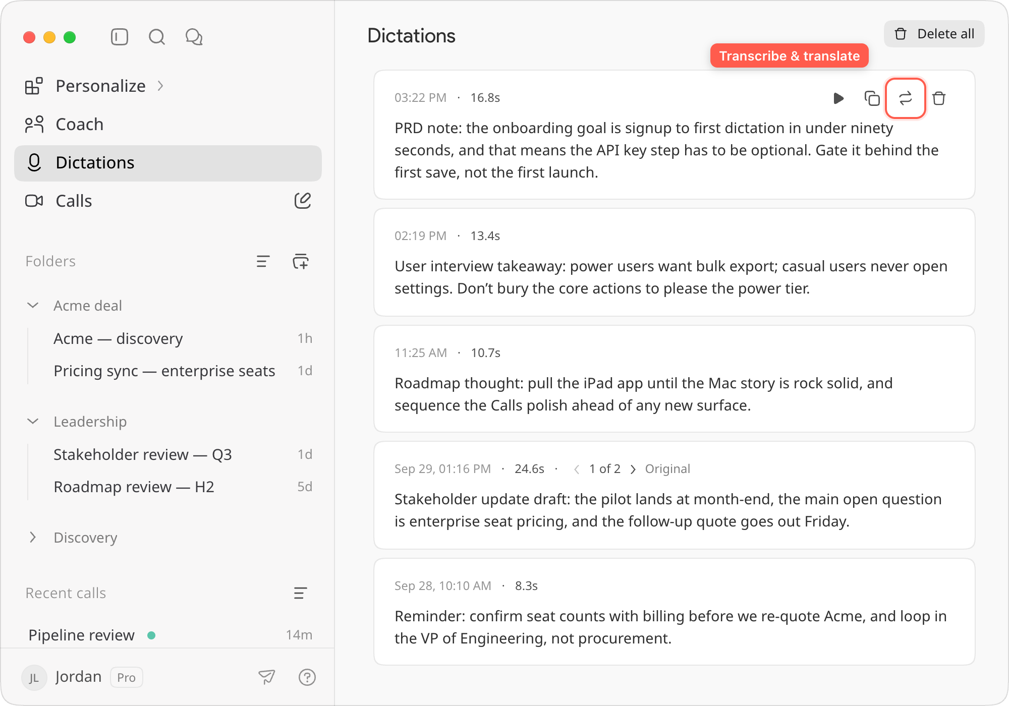 The Dictations page: a row’s actions on hover, and a row with two versions