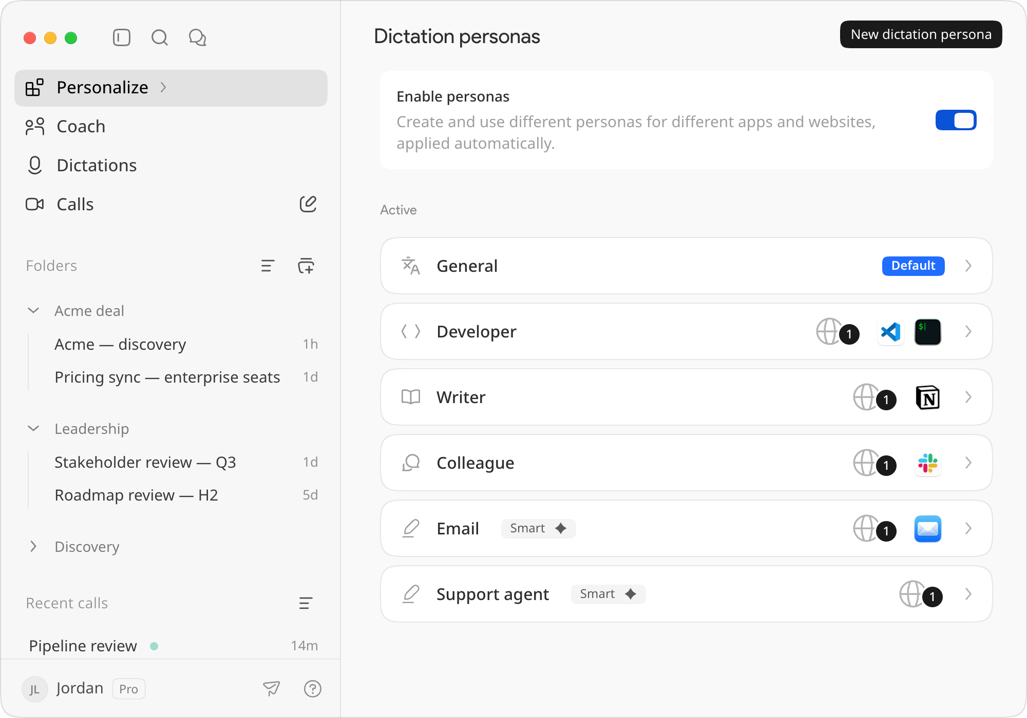 The Dictation personas page on an account that has added personas of its own