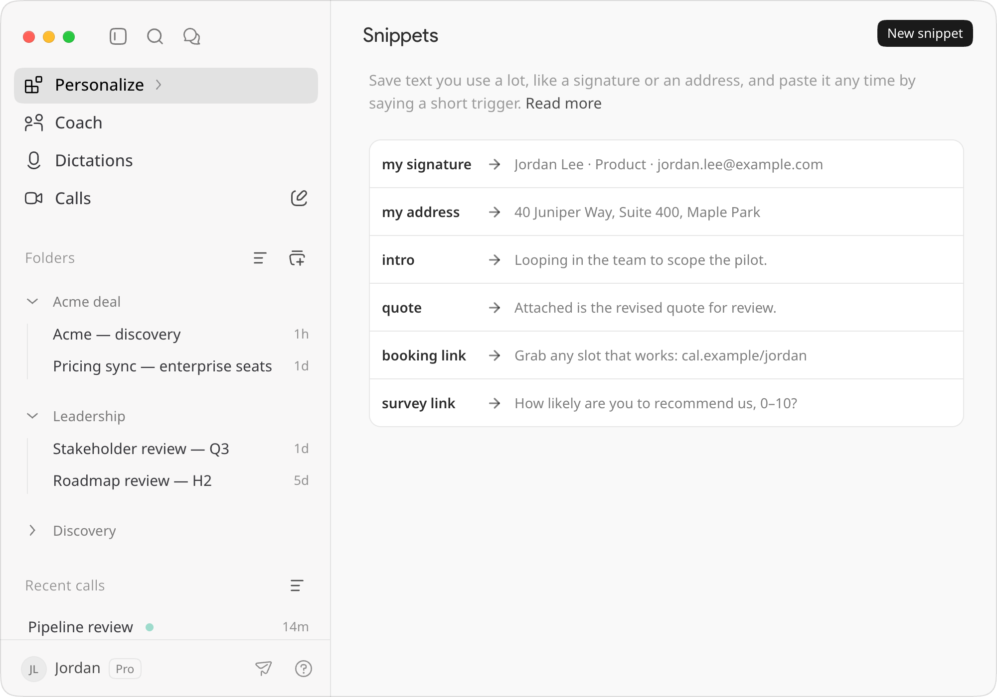 The Snippets page