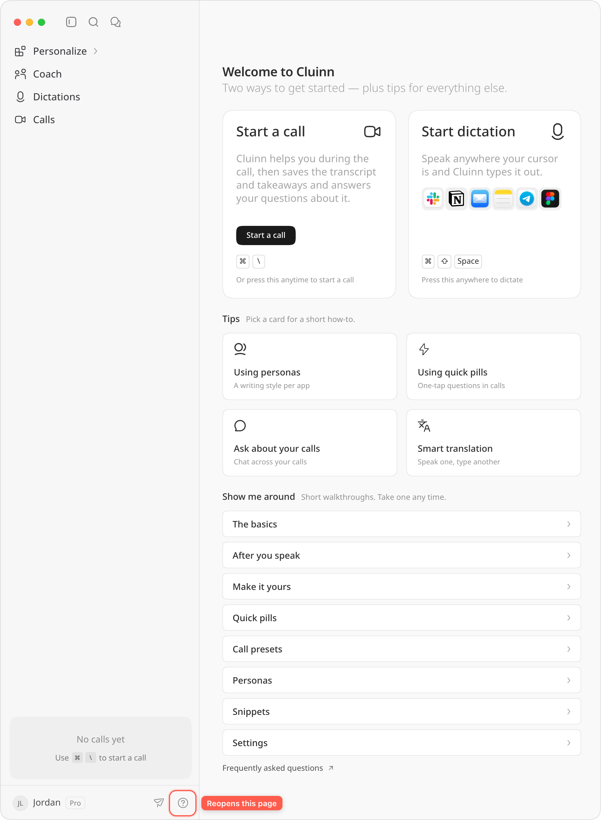 The Welcome page after setup. The ? button beside your account reopens it.