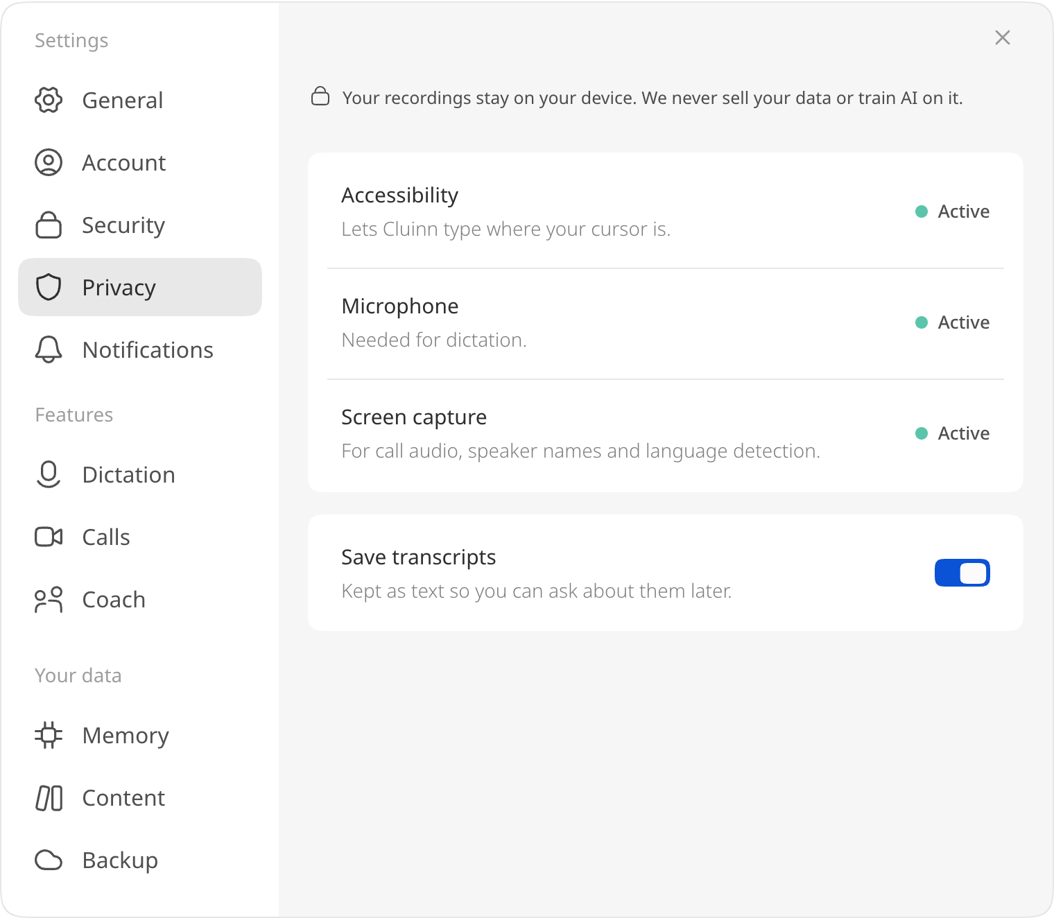 Permission status in Settings → Privacy