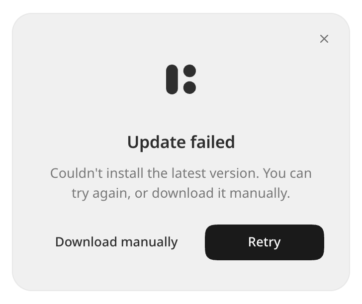 The Update failed card, with Retry and Download manually