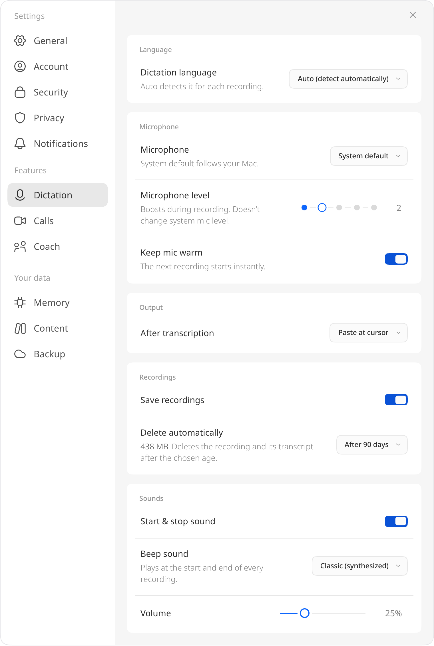 Settings → Dictation: language, microphone, output, recordings and sounds