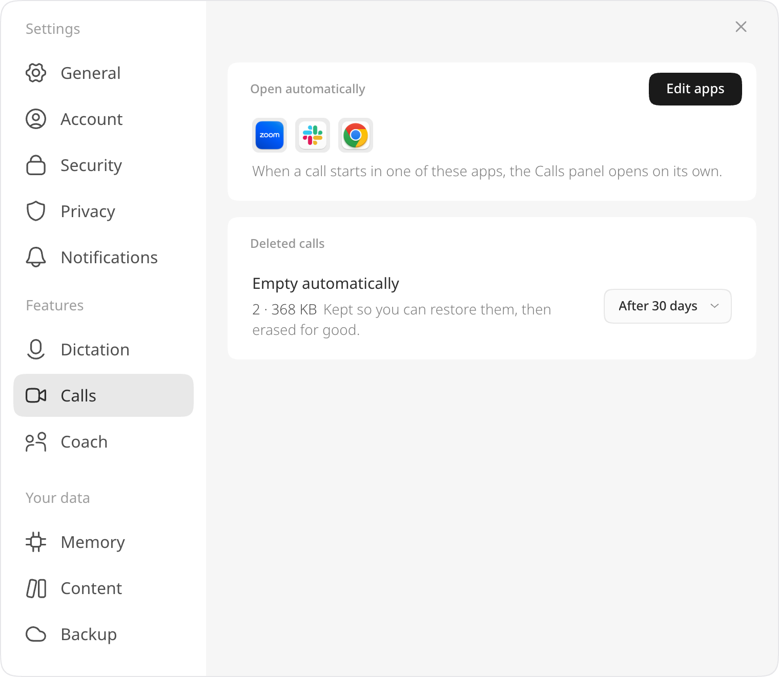 Settings → Calls: the apps that open the Calls bar, and how long deleted calls are kept