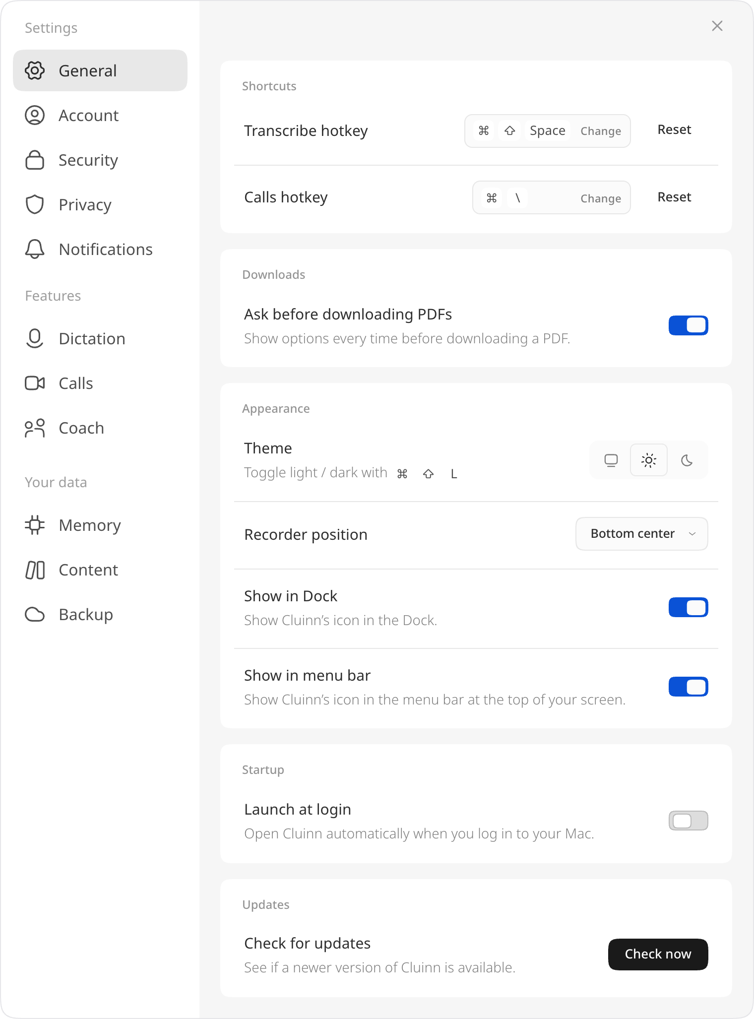 The General tab: shortcuts, downloads, appearance, startup and updates